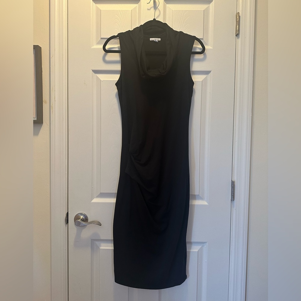 James Perse Body-Con Black Dress. Midi- length, Cowl Neck, Ruched Side. Size 2.
